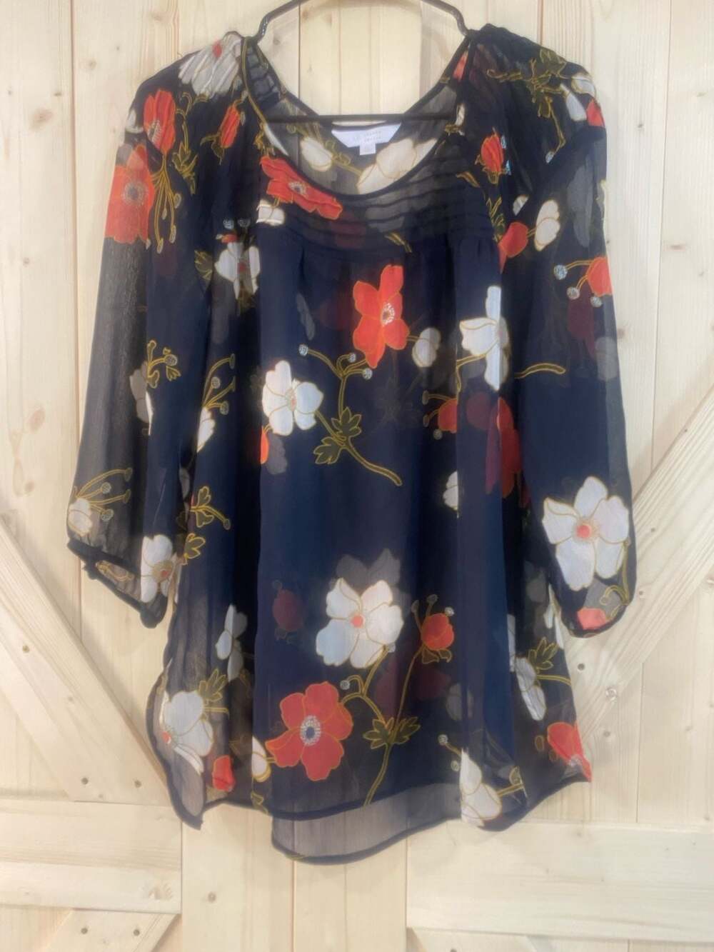 LC Lauren Conrad Navy Blue Floral Sheer Chiffon Blouse Plus Size XL